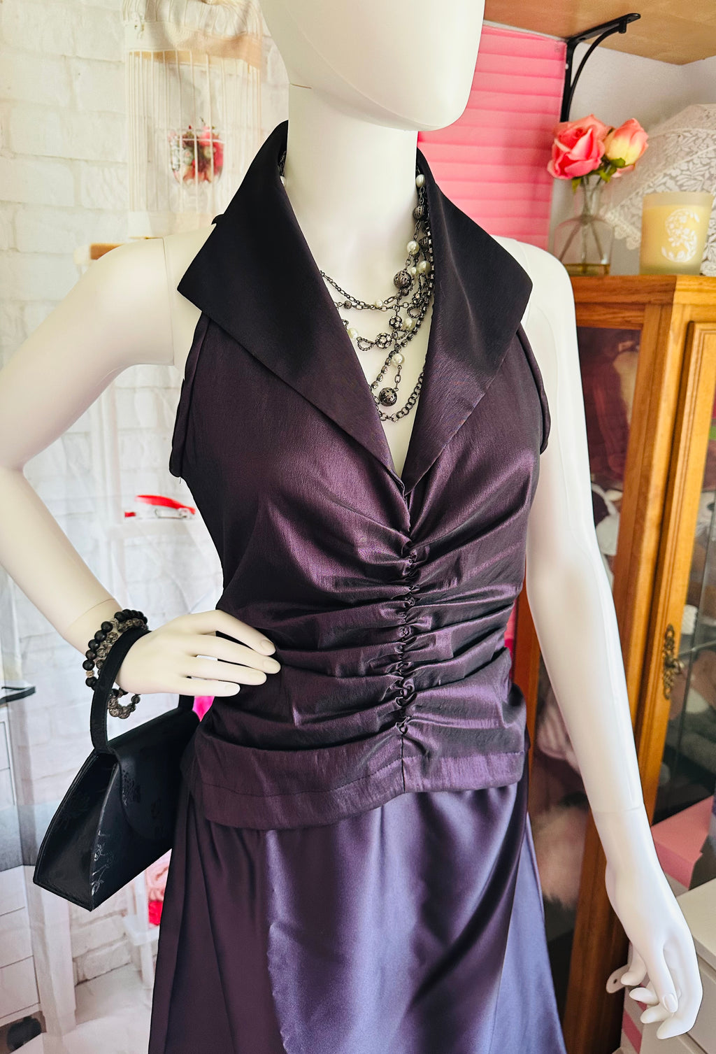 Tadashi Shoji Plum Ruched Halter Gown