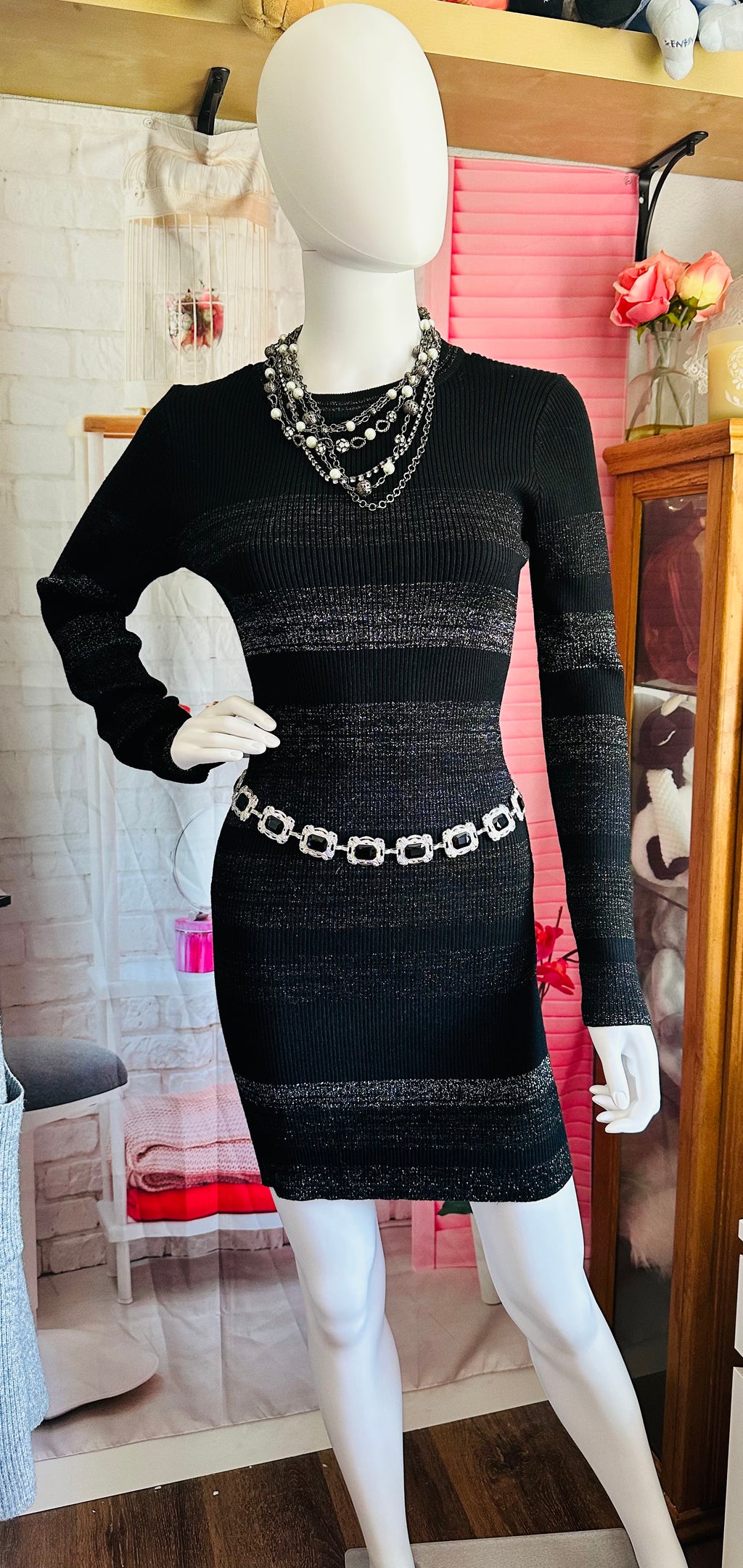 John + Jenn Black Ribbed Metallic-Strip Long-Sleeve Bodycon Dress