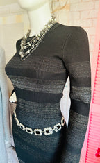 John + Jenn Black Ribbed Metallic-Strip Long-Sleeve Bodycon Dress