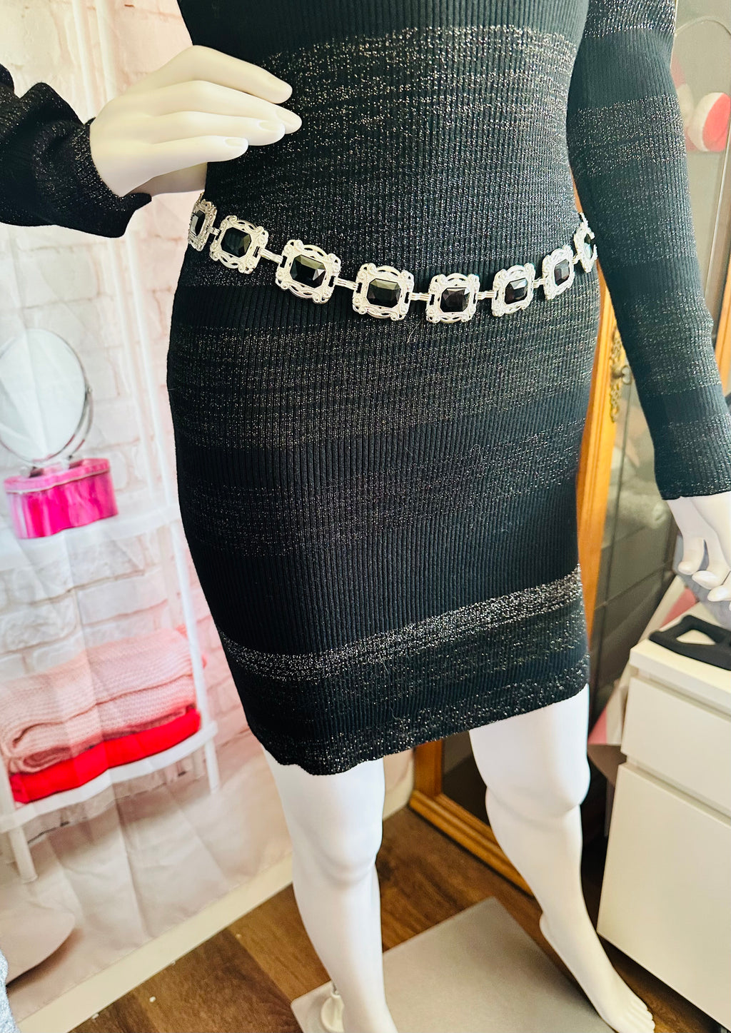 John + Jenn Black Ribbed Metallic-Strip Long-Sleeve Bodycon Dress