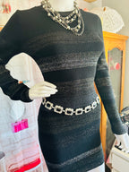 John + Jenn Black Ribbed Metallic-Strip Long-Sleeve Bodycon Dress