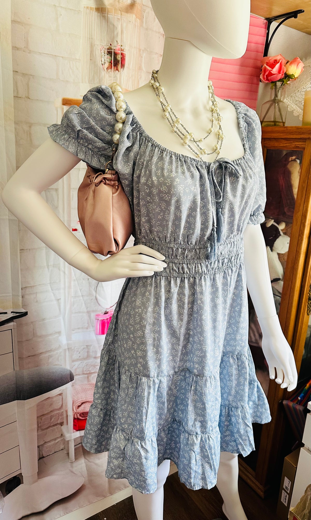indulge Light Blue Floral Smocked Waist Off-Shoulder Dress