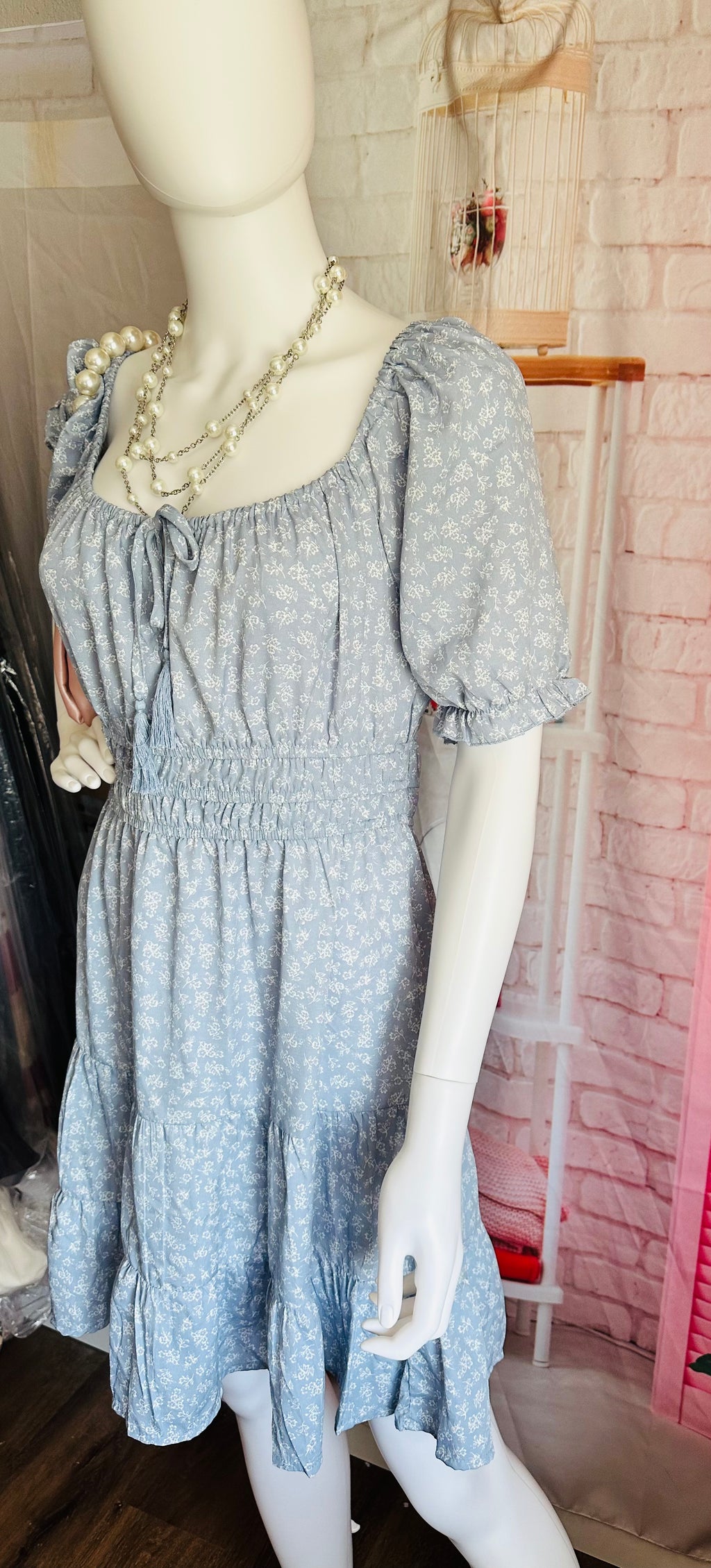 indulge Light Blue Floral Smocked Waist Off-Shoulder Dress