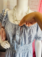 indulge Light Blue Floral Smocked Waist Off-Shoulder Dress