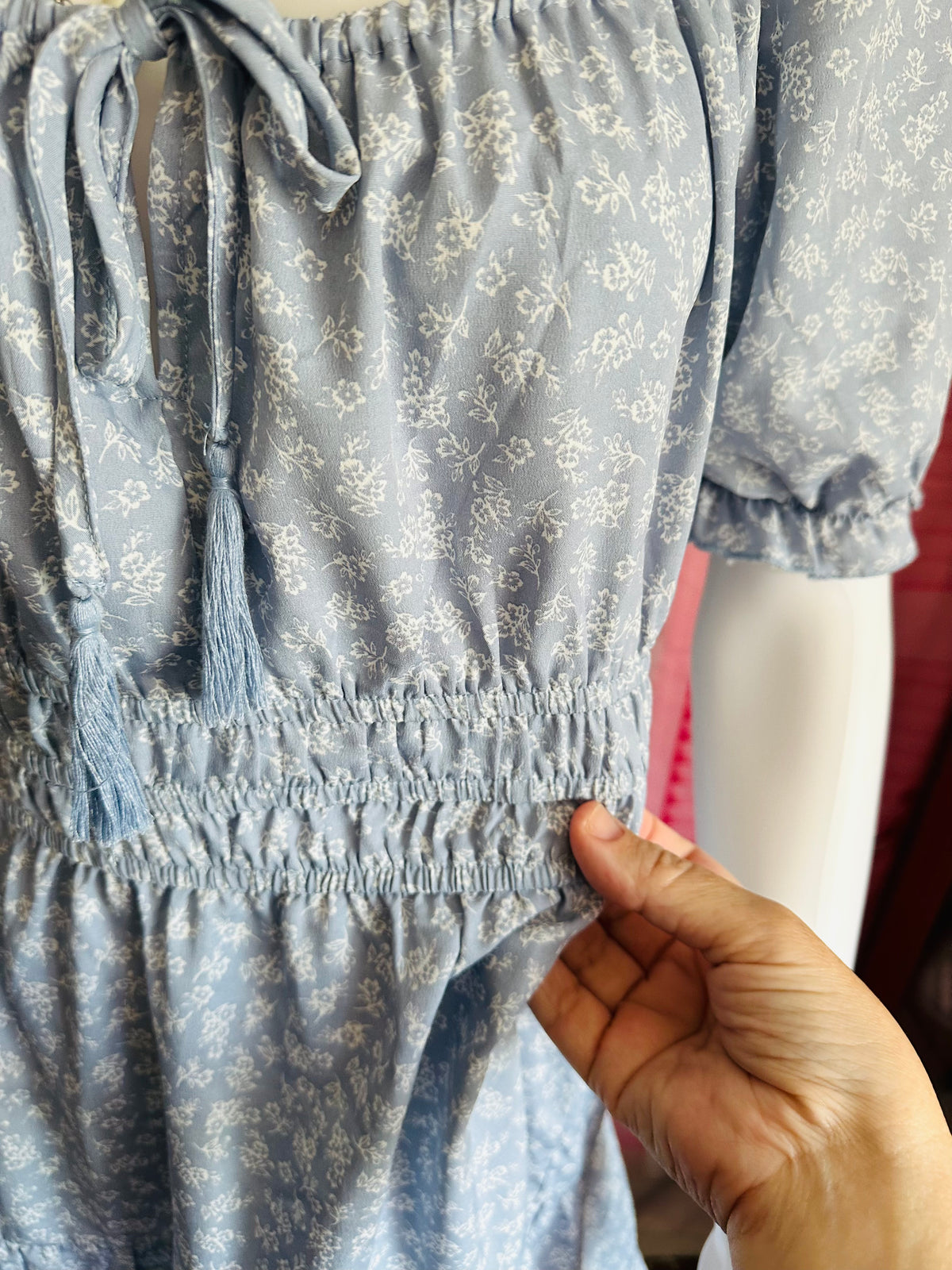 indulge Light Blue Floral Smocked Waist Off-Shoulder Dress