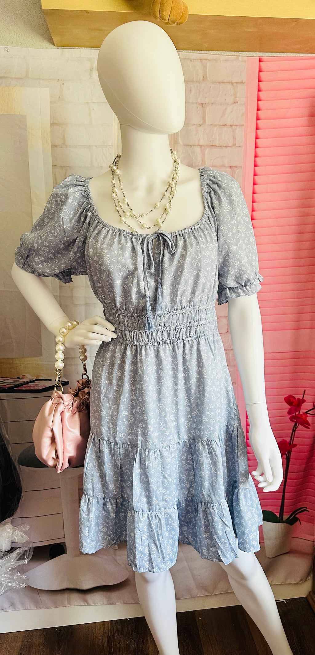 indulge Light Blue Floral Smocked Waist Off-Shoulder Dress