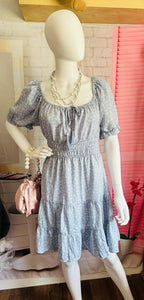 indulge Light Blue Floral Smocked Waist Off-Shoulder Dress