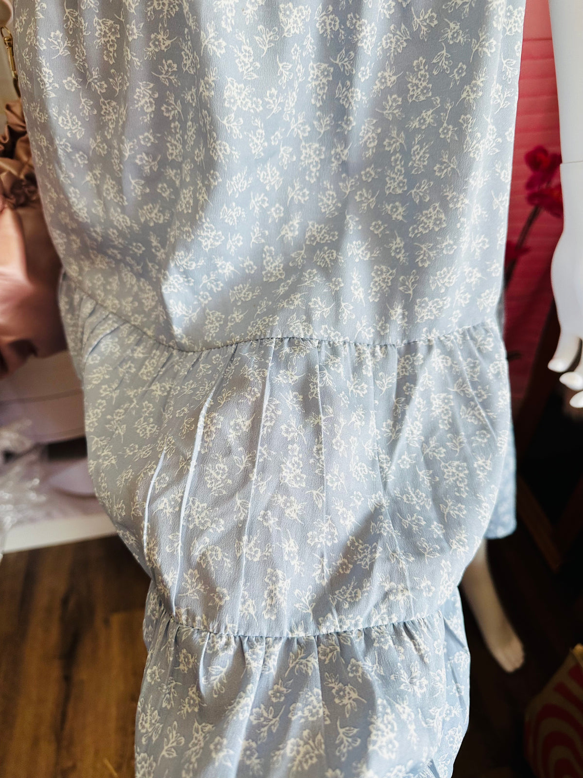 indulge Light Blue Floral Smocked Waist Off-Shoulder Dress