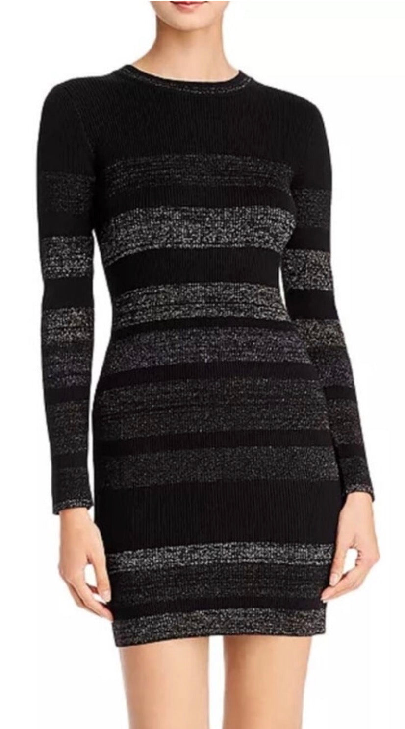 John + Jenn Black Ribbed Metallic-Strip Long-Sleeve Bodycon Dress