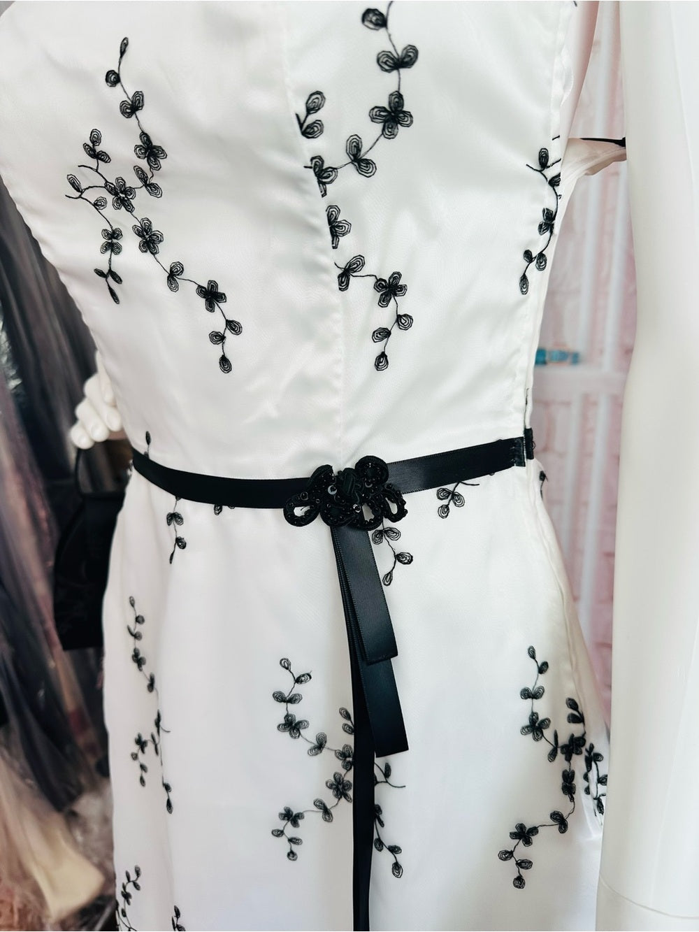 Jessica McClintock White Strapless Dress with Black Floral Embroidery
