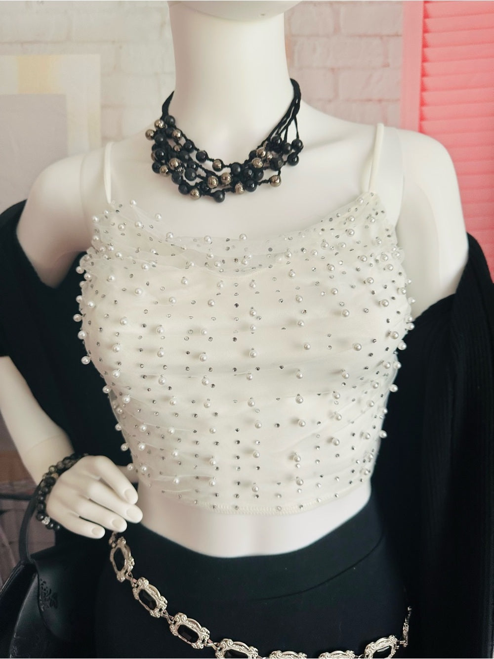 Windsor White Faux Pearl Rhinestone Embellished Crop Top