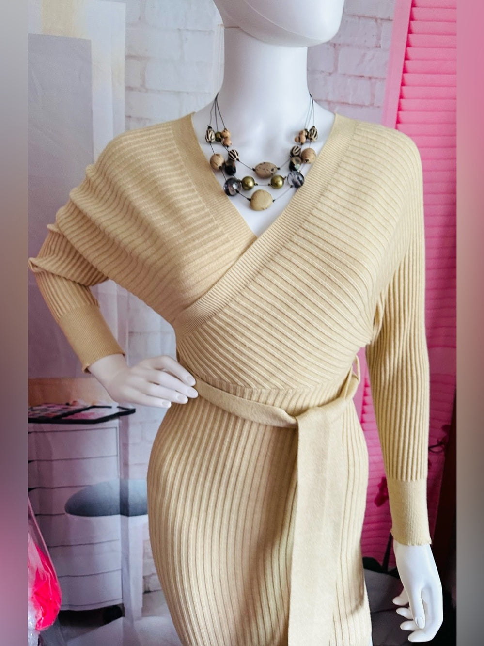 Windsor Tan Ribbed Knit Wrap Belted Sweater Mini Dress