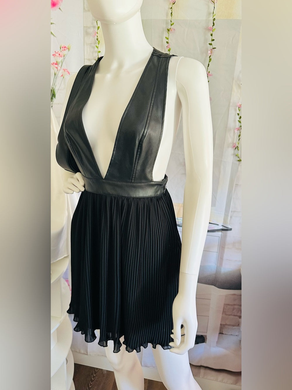 Forever 21 Black Faux Leather Plunge Pleated Mini Dress
