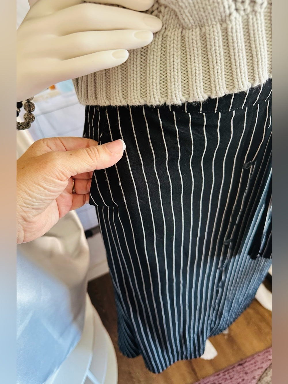 Reserved Black White Pinstripe Belted Button Front Midi Skirt EU 34