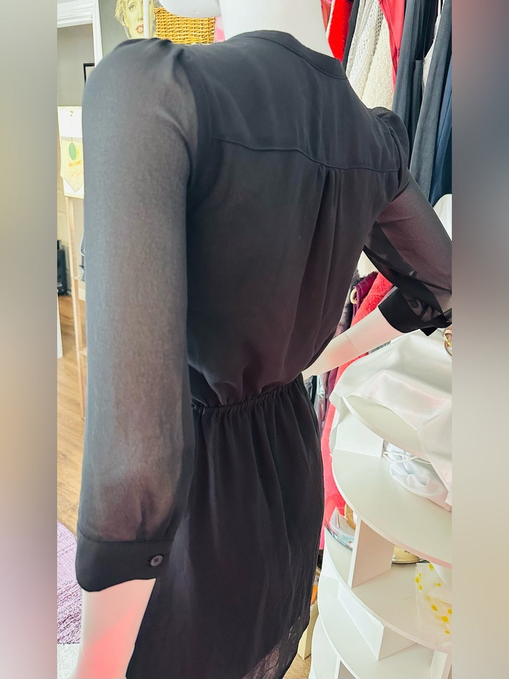 H&M Black Ruffle Tunic Mini Dress Sheer Sleeve Tie Waist