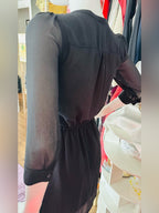 H&M Black Ruffle Tunic Mini Dress Sheer Sleeve Tie Waist