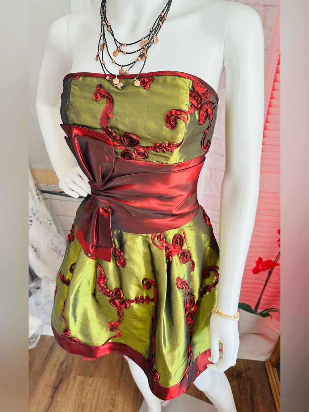 Jessica McClintock Olive & Burgundy Strapless Fit-and-Flare Party Dress
