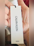 Calvin Klein Cream Tie-Neck Cable Knit Long Sleeve Dress