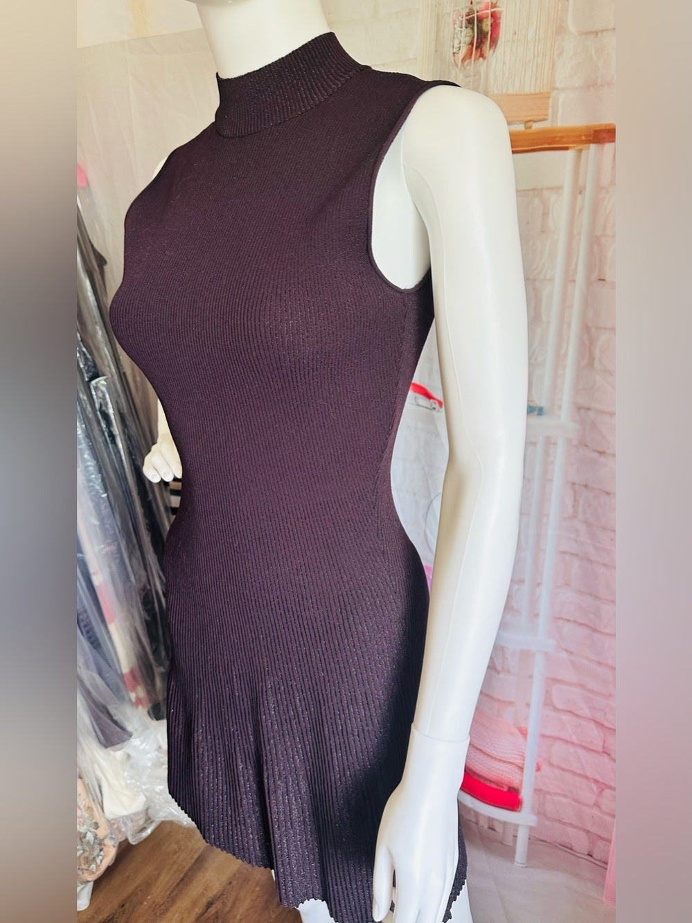 Theory Plaited Sleeveless Ribbed Knit Mock-Neck Dress--Plum