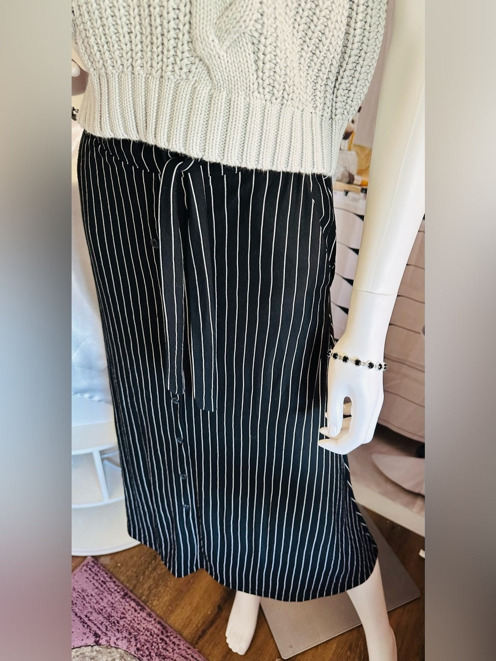 Reserved Black White Pinstripe Belted Button Front Midi Skirt EU 34