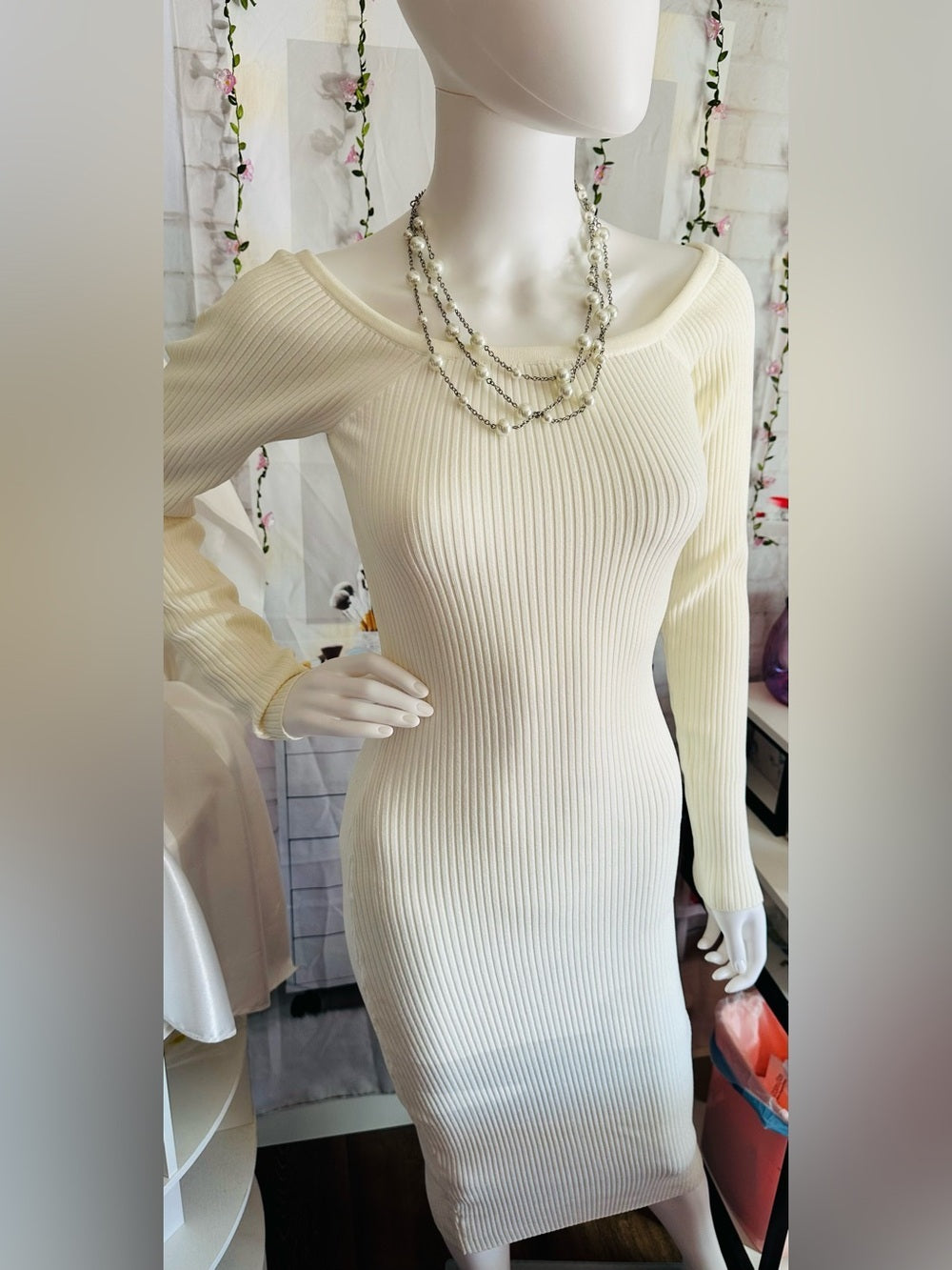 Forever 21 Ivory Shimmer Ribbed Knit Off Shoulder Midi Dress