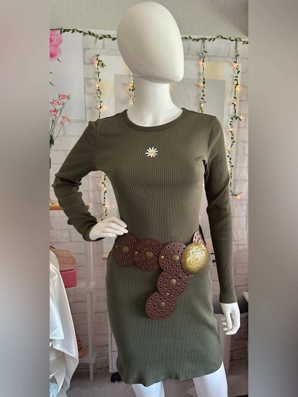 wild fable Olive Ribbed Long Sleeve Bodycon Dress with Daisy Patch