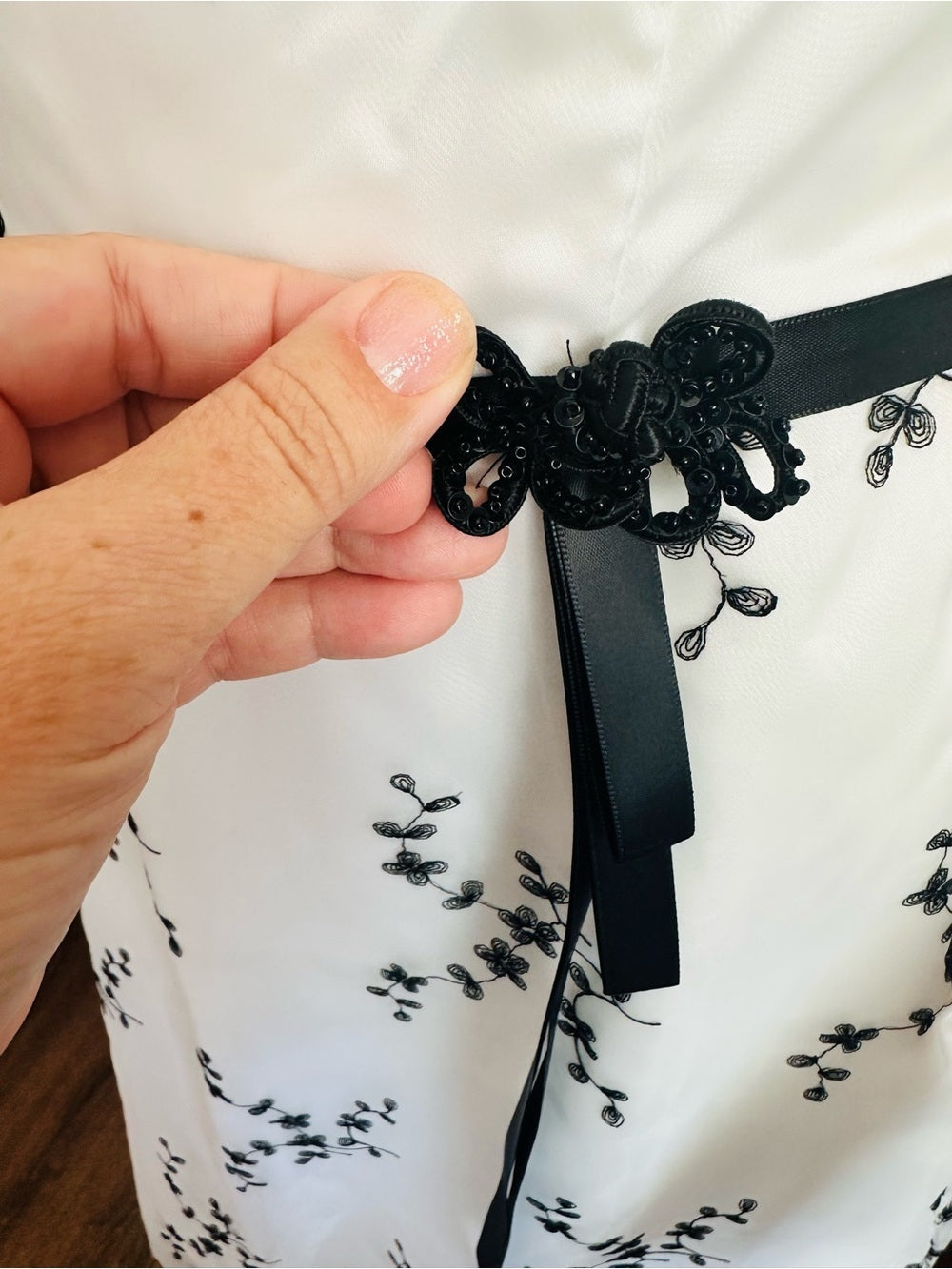 Jessica McClintock White Strapless Dress with Black Floral Embroidery