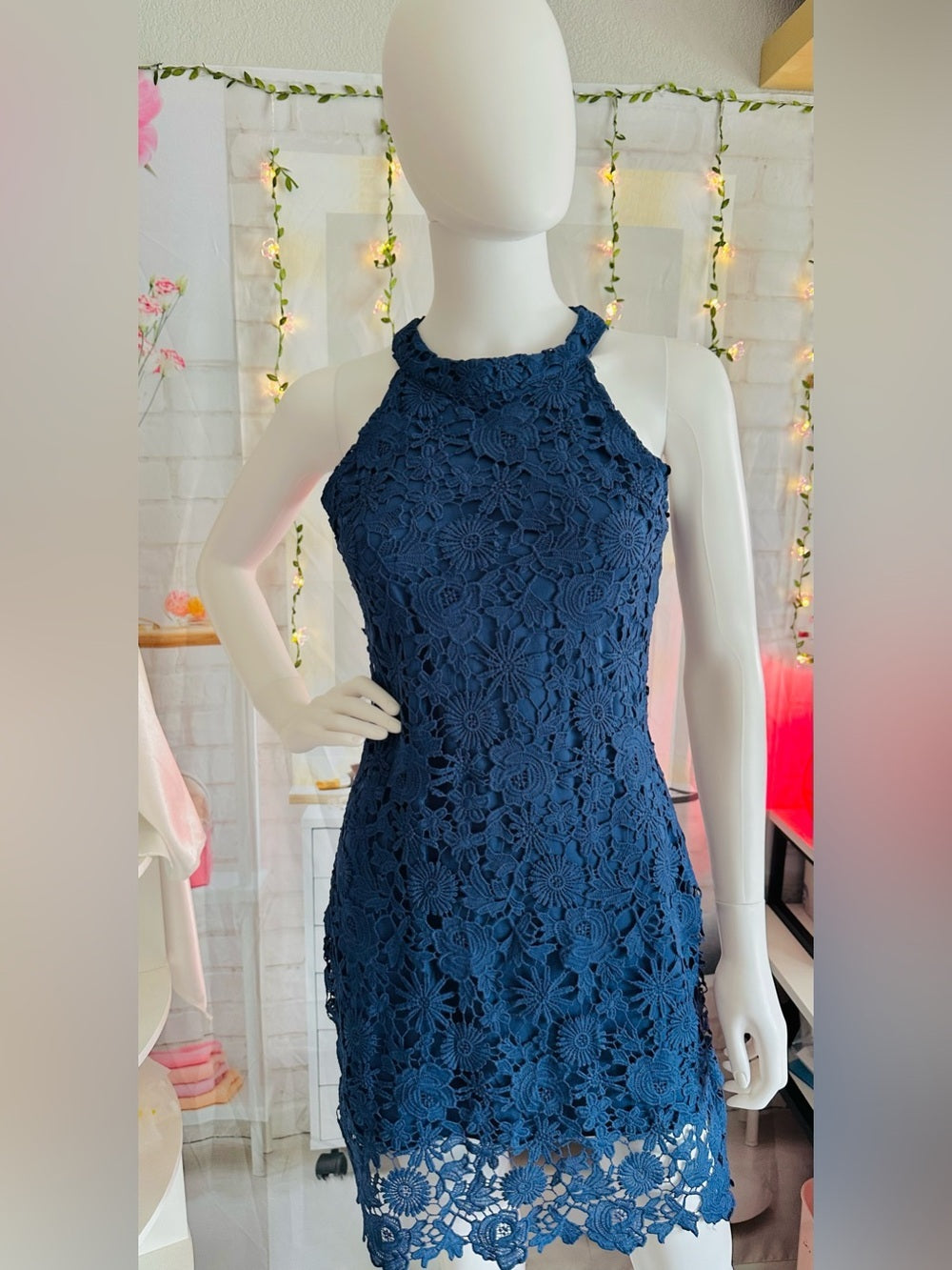 Nalati Navy Blue Guipure Floral Lace Halter Mini Dress
