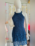 Nalati Navy Blue Guipure Floral Lace Halter Mini Dress