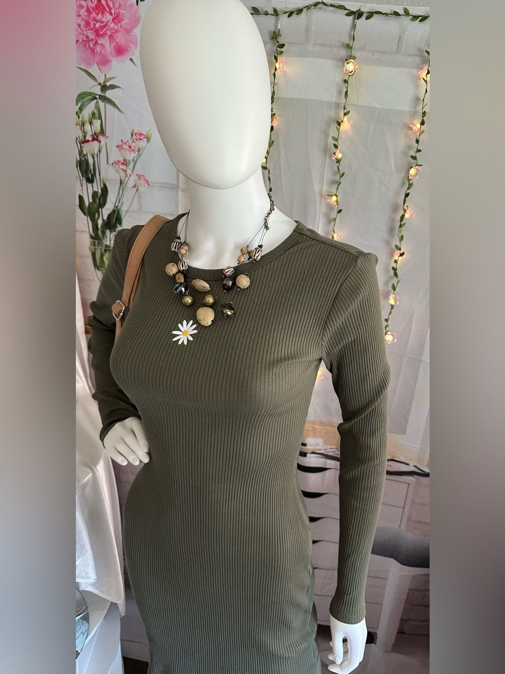 wild fable Olive Ribbed Long Sleeve Bodycon Dress with Daisy Patch