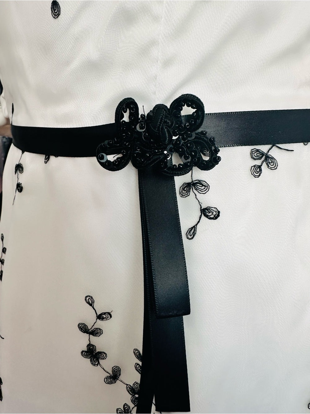 Jessica McClintock White Strapless Dress with Black Floral Embroidery