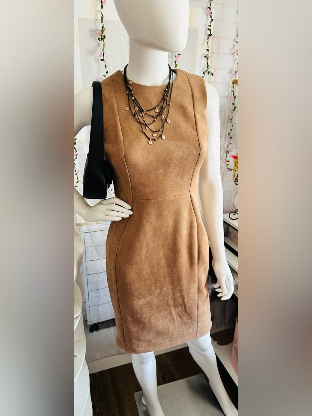 Calvin Klein Faux Suede Sheath Dress Camel Tan Sleeveless