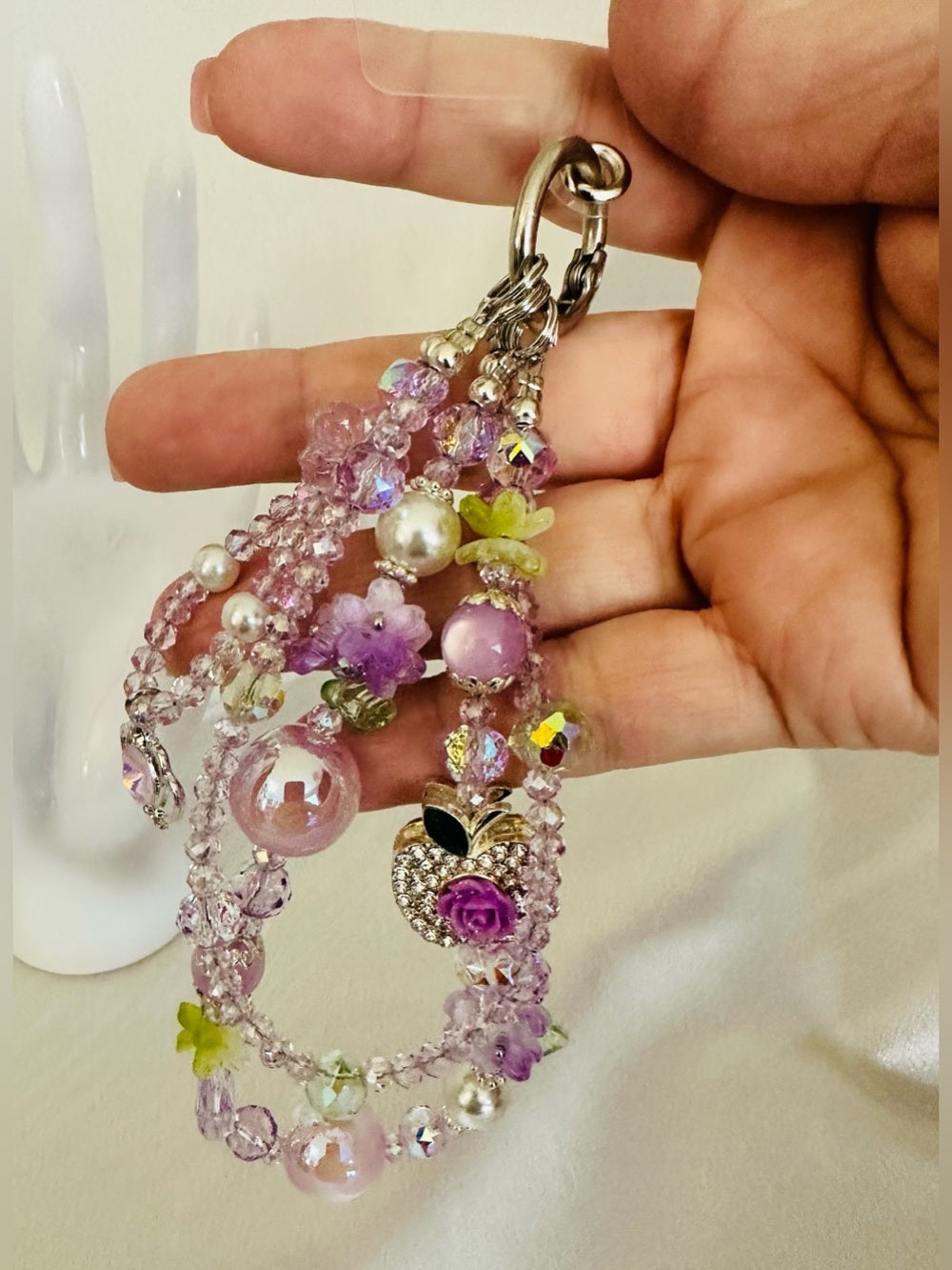 Pink Lavender Floral Beaded Purse Charm Bag Accessory