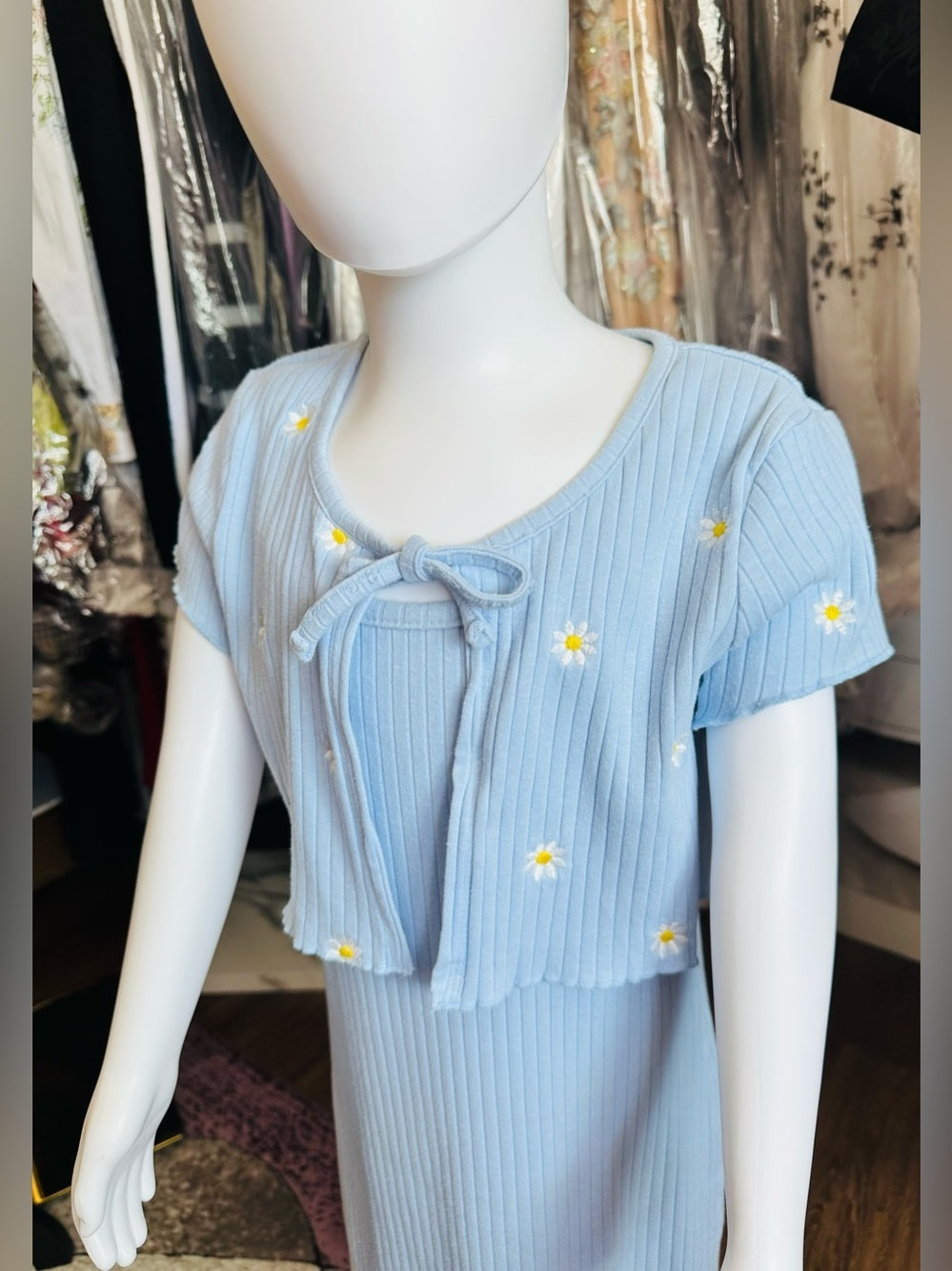 Btween Girls Blue Daisy Ribbed Dress & Matching Tie-Front Shrug Set