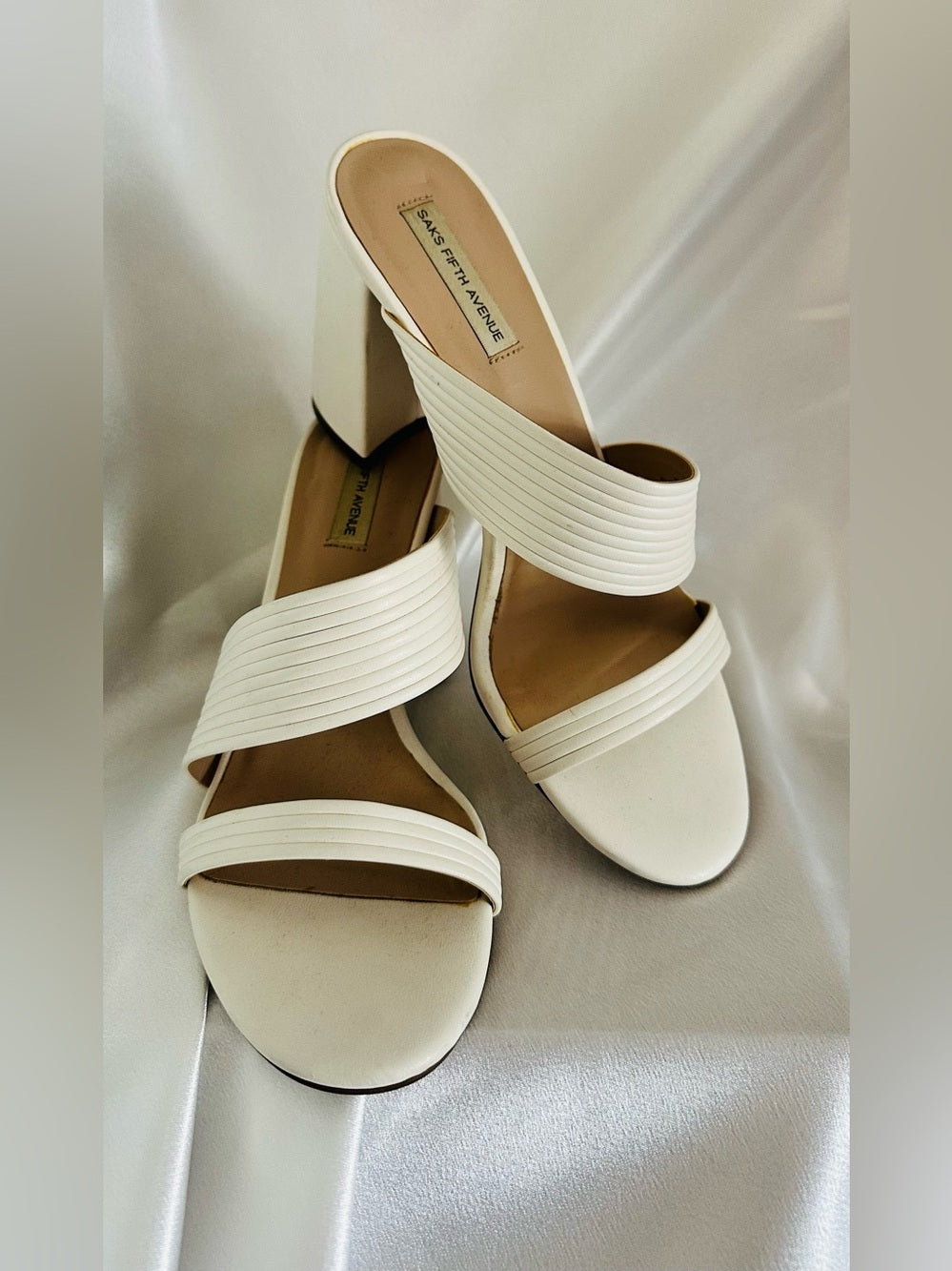 Saks Fifth Avenue Ivory Ribbed Strap Block Heel Mule Sandals