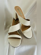 Saks Fifth Avenue Ivory Ribbed Strap Block Heel Mule Sandals