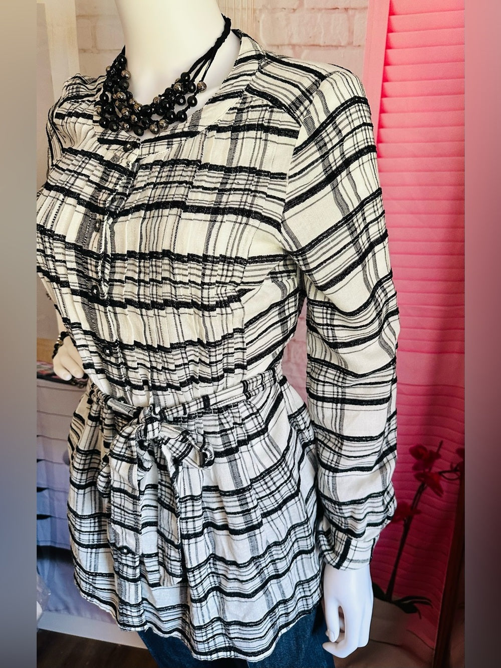 Anthropologie Black & White Plaid Belted Tunic