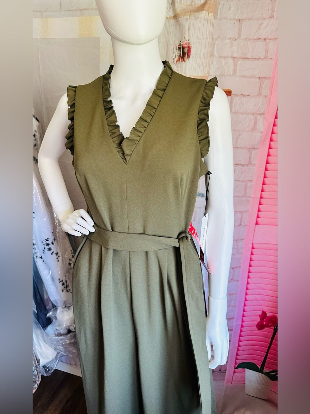Calvin Klein Olive Green Ruffle Wide Leg Belted Jumpsuit