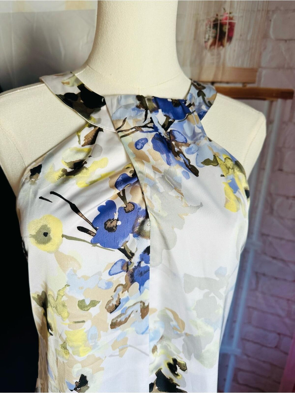 White House Black Market White Floral Halter Camisole with Blue & Yellow Print