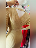 Windsor Tan Ribbed Knit Wrap Belted Sweater Mini Dress