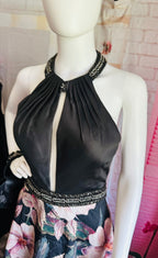 Chic Floral A-Line Party Dress in Black and Pink