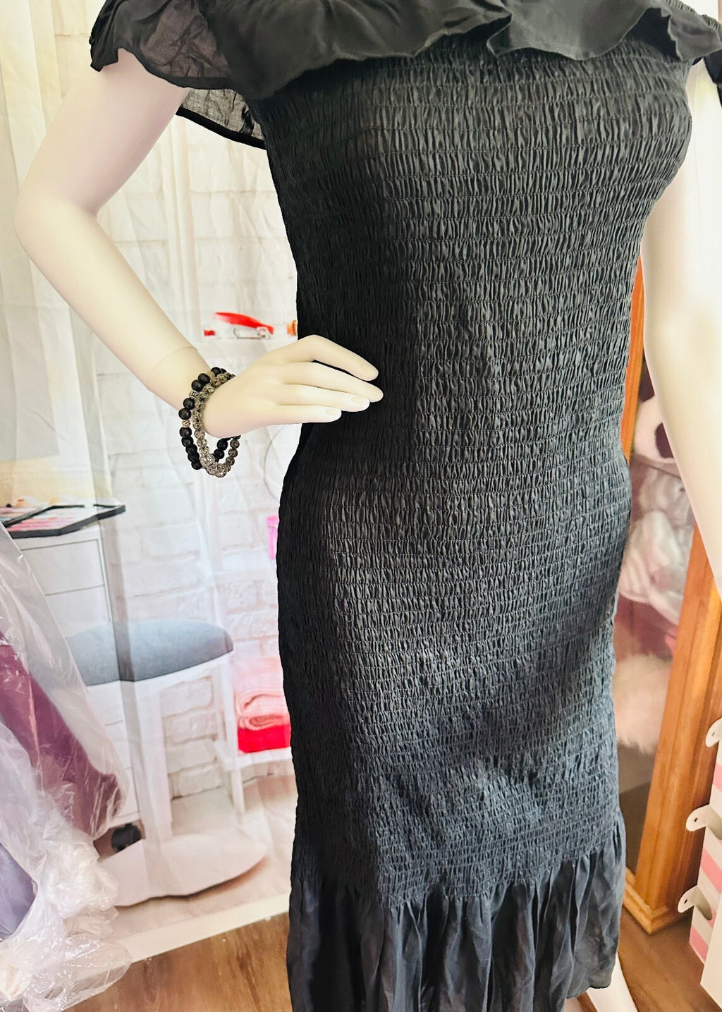 Anthropologie Black Smocked Ruffle Off-Shoulder Dress