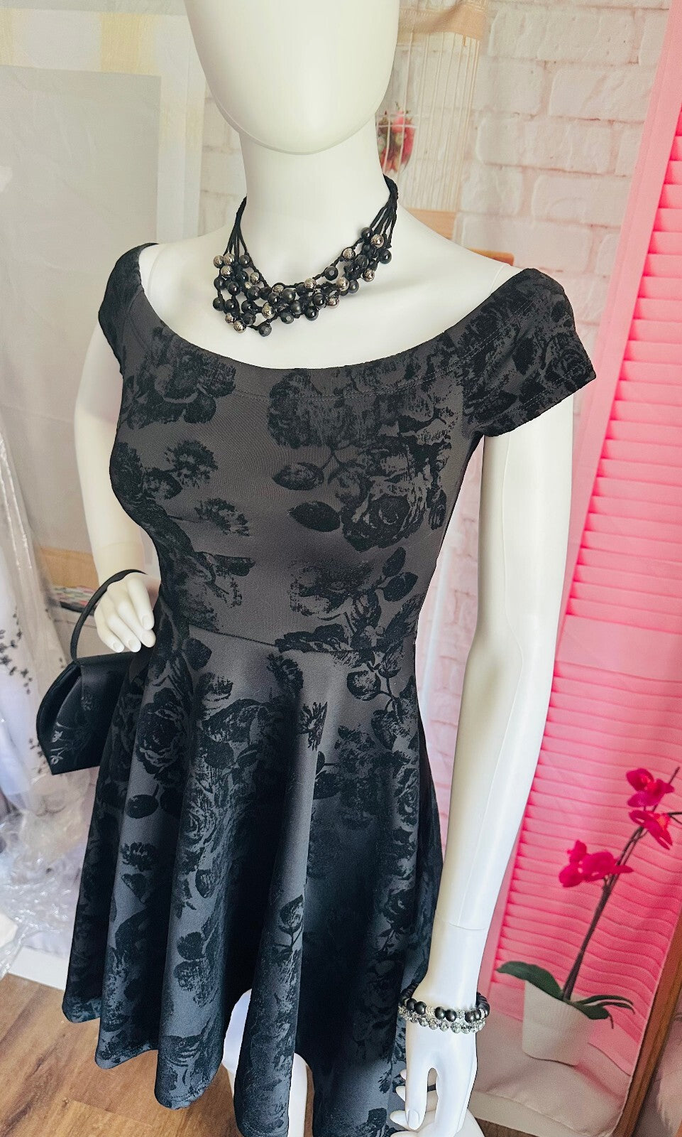 Windsor Black High-Low Floral Flocked Formal Dress