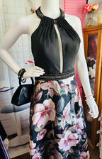 Chic Floral A-Line Party Dress in Black and Pink