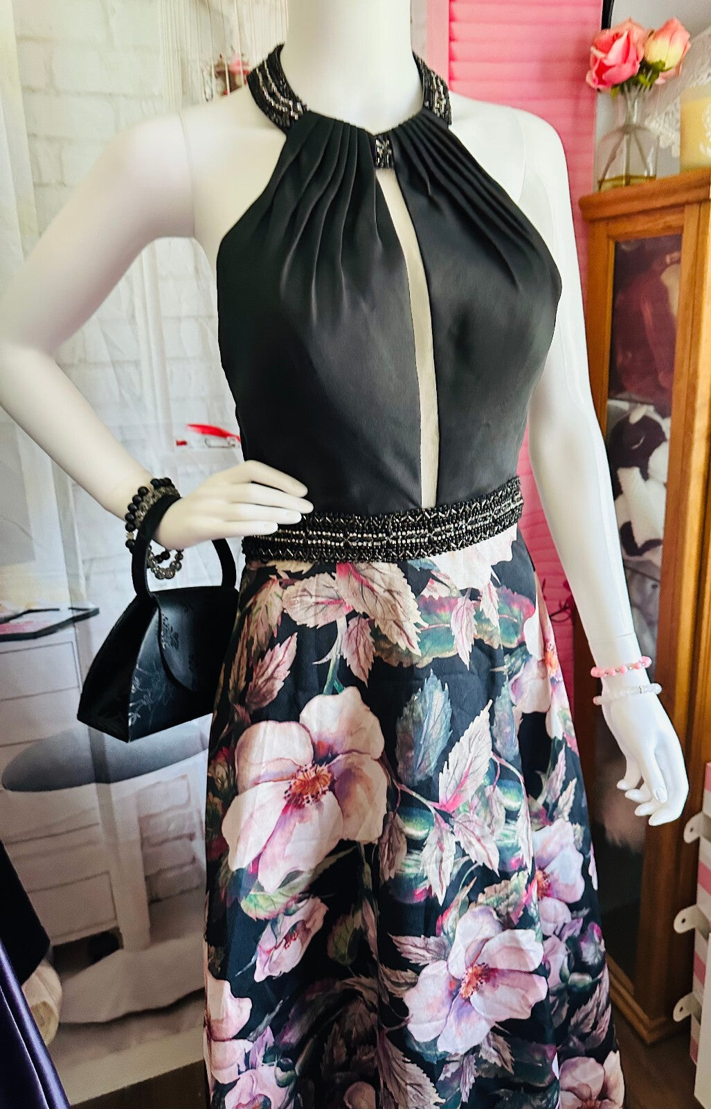 Chic Floral A-Line Party Dress in Black and Pink