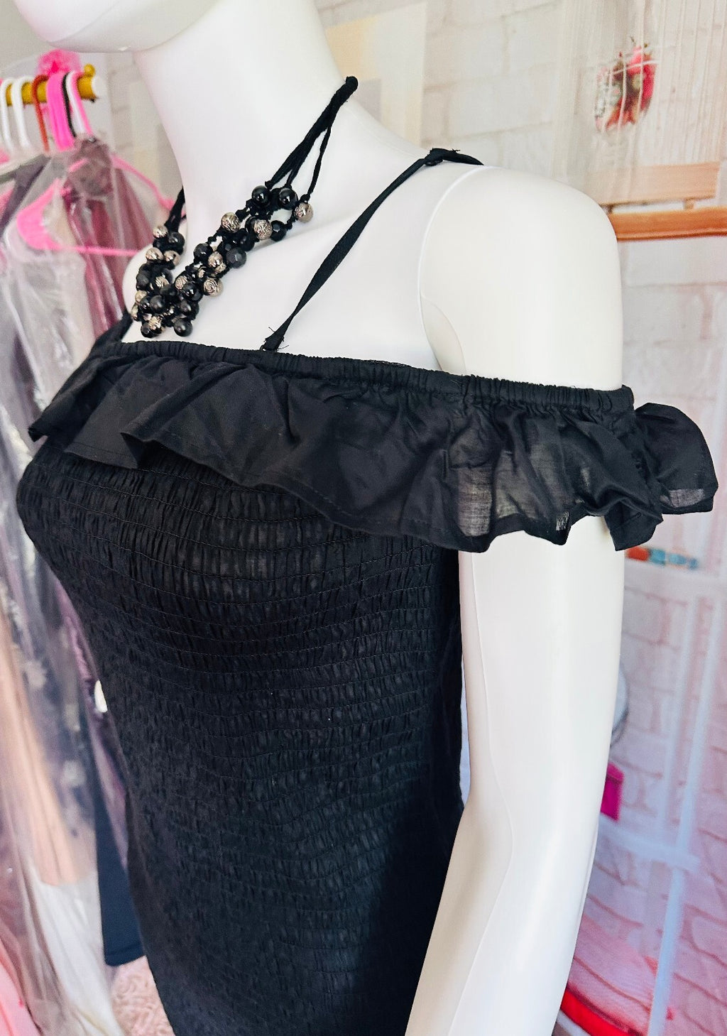 Anthropologie Black Smocked Ruffle Off-Shoulder Dress