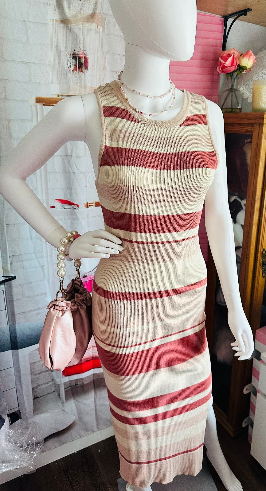 Rust Striped High Neck Bodycon Dress