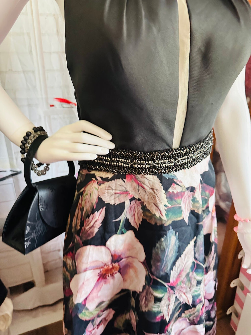Chic Floral A-Line Party Dress in Black and Pink