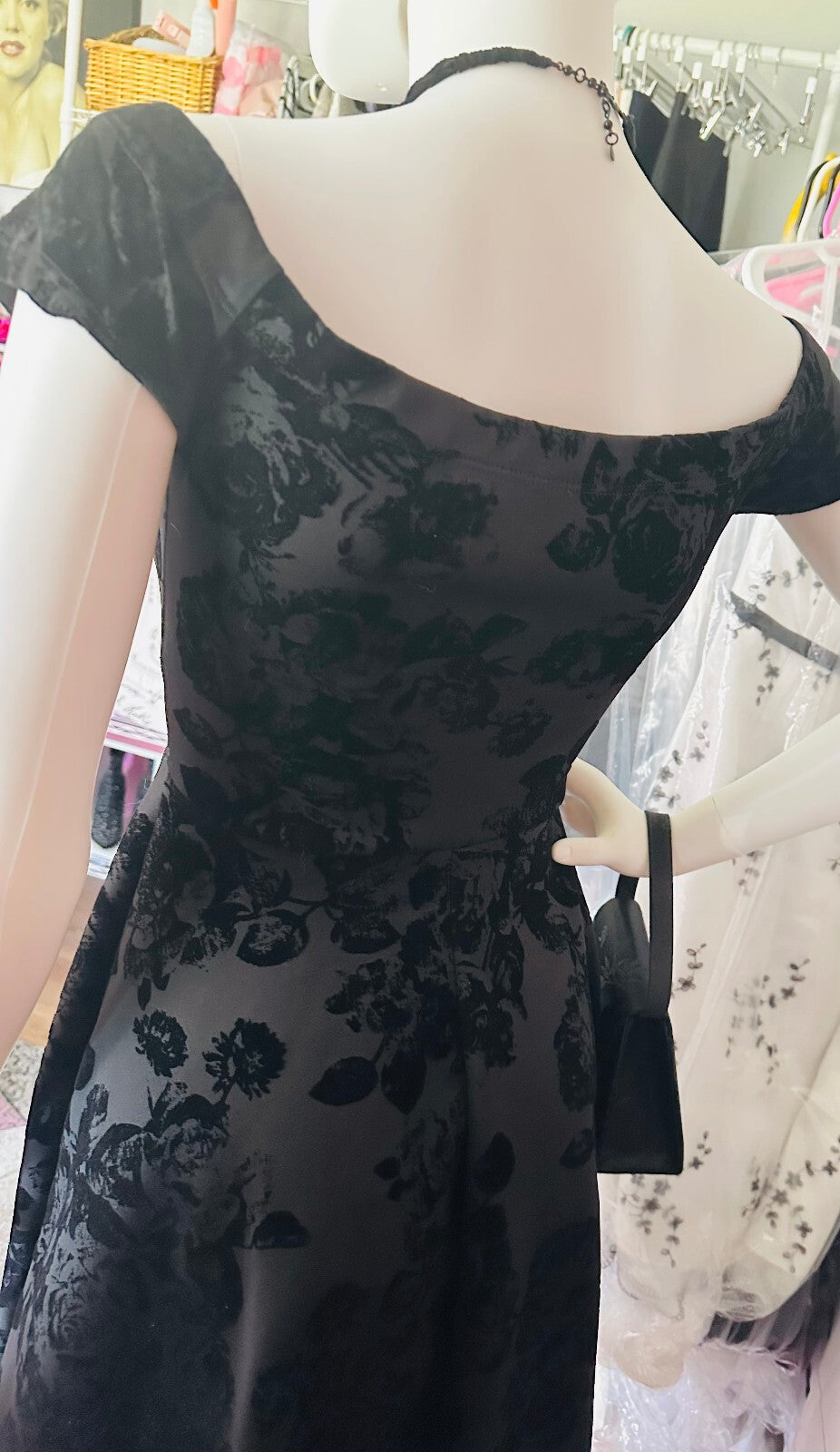 Windsor Black High-Low Floral Flocked Formal Dress