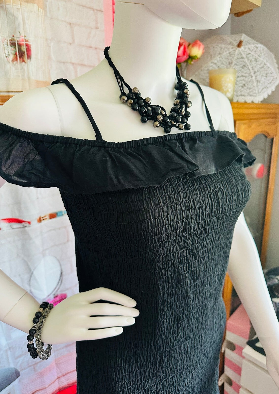 Anthropologie Black Smocked Ruffle Off-Shoulder Dress